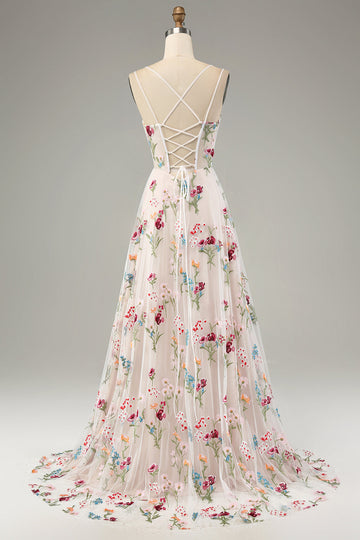 Avorio Fiore A-Line Spalline sottili Corsetto Abito Lungo cerimonia Con Fessura